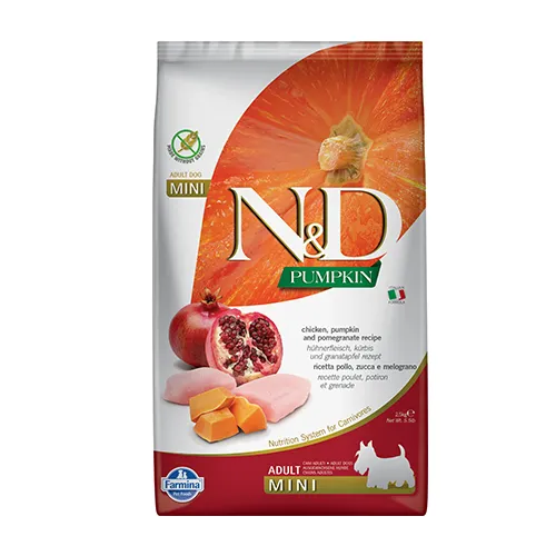 Farmina N&D Pumpkin Mini Adult Chicken & Pomegranate - храна за кучета в зряла възраст от дребни породи с пиле, тиква и нар; без зърнени култури 2.500 кг