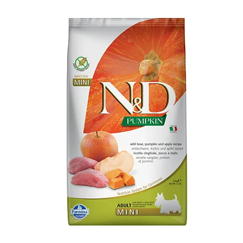 Farmina N&D Pumpkin Mini Adult Boar & Apple - храна за кучета в зряла възраст от дребни породи с глиганско, тиква и ябълка; без зърнени култури 2.500 кг