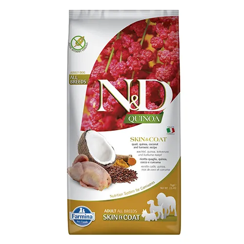 Farmina N&D Dog Quinoa Skin & Coat Quail - храна за кучета в зряла възраст с чувствителна кожа и козина с пъдпъдък 7.00 кг