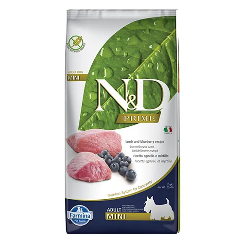 Farmina N&D Prime Adult Mini Lamb & Blueberry - храна за кучета в зряла възраст от дребни породи с агнешко и боровинки; без зърнени култури 7.00 кг