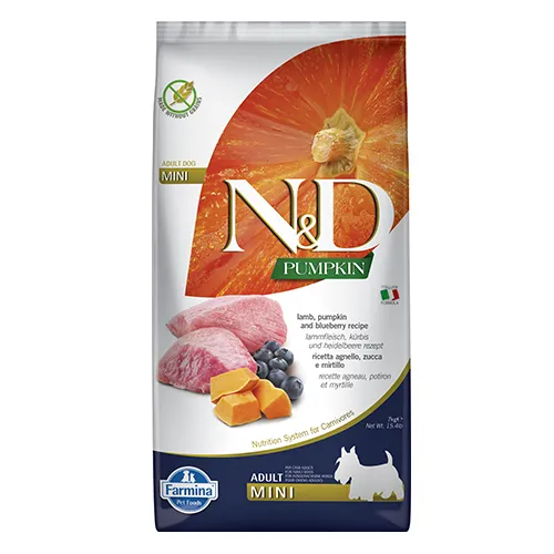 Farmina N&D Pumpkin Mini Adult Lamb & Blueberry - храна за кучета в зряла възраст от дребни породи с агнешко, тиква и боровинки; без зърнени култури 7.00 кг
