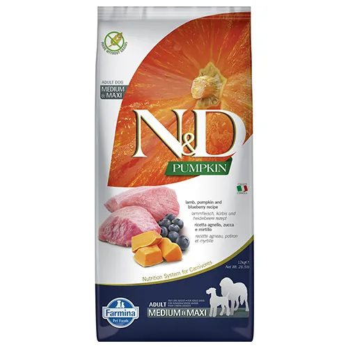 Farmina N&D Pumpkin Medium/Maxi Adult Lamb & Blueberry - храна за кучета в зряла възраст от средни и едри породи с агнешко, тиква и боровинки; без зърно 12.00 кг