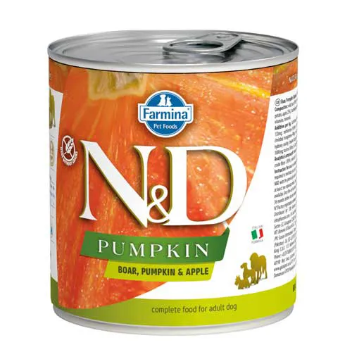 Farmina N&D Pumpkin Boar&Apple консерва с глиганско, тиква и ябълка - пълноценна храна за кучета в зряла възраст, 2 броя х 0.285 кг