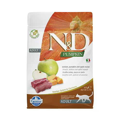 Farmina N&D Cat Pumpkin Venison&Apple Adult -  пълноценна храна за котки в зряла възраст с еленско месо, тиква и ябълки; без зърно 0.300 кг