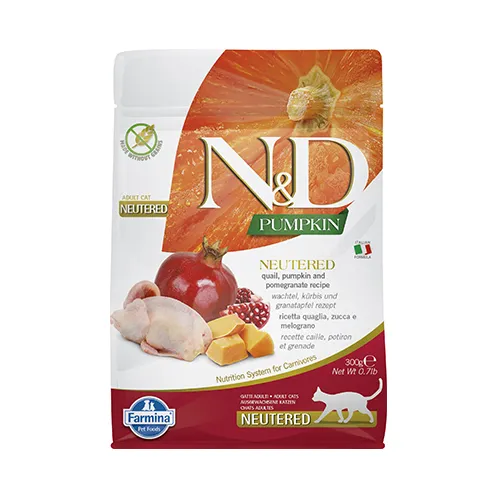 Farmina N&D Pumpkin Quail&Pomegranate Neutered - пълноценна храна за кастрирани котки с пъдпъдък, тиква и нар; без зърно 0.300 кг