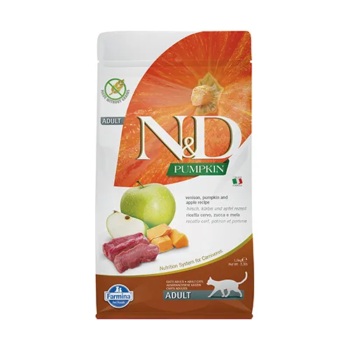 Farmina N&D Cat Pumpkin Venison&Apple Adult -  пълноценна храна за котки в зряла възраст с еленско месо, тиква и ябълки; без зърно 1.500 кг