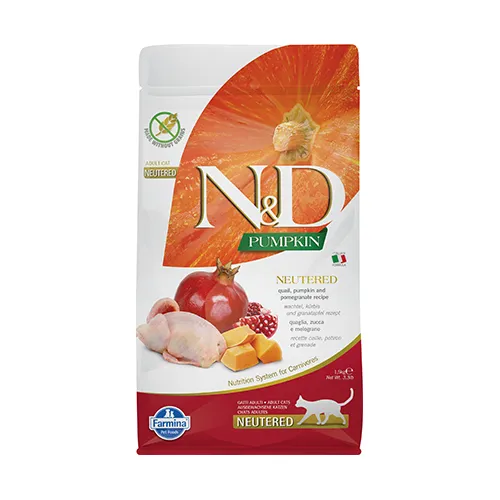 Farmina N&D Pumpkin Quail&Pomegranate Neutered - пълноценна храна за кастрирани котки с пъдпъдък, тиква и нар; без зърно 1.500 кг