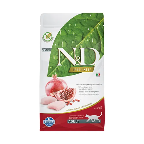 Farmina N&D Prime Adult Chicken & Pomegranate - храна за котки в зряла възраст над 1 г. с пилешко месо и нар; без зърно 1.500 кг