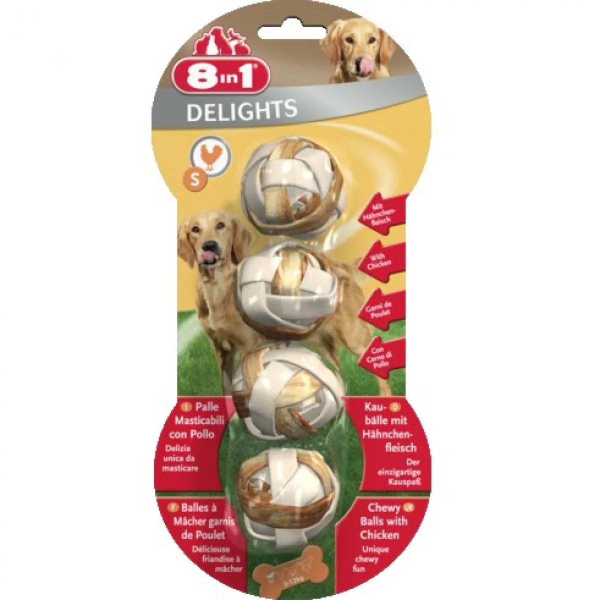 8in1 Delights Balls S - Лакомство за кучета от малки породи,месни топчета с вкус на пиле,2 пакета х 4 броя