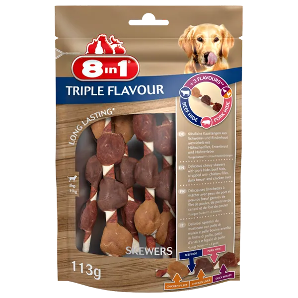 8in1 Triple Flavour - шишчета MIX - свинско, патешко, говеждо, и пилешко месо за кучета, 2 броя х 113 гр.