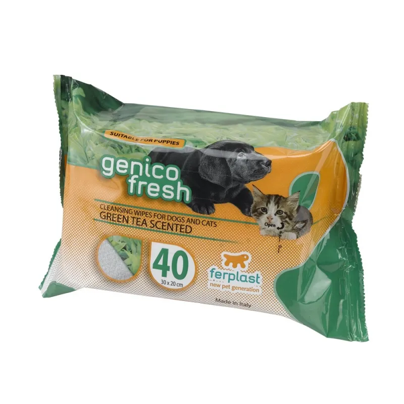 Ferplast Genco Fresh Green Tea - Почистващи мокри кърпички за кучета и котки със зелен чай, 40 броя, 20/30 см. 2
