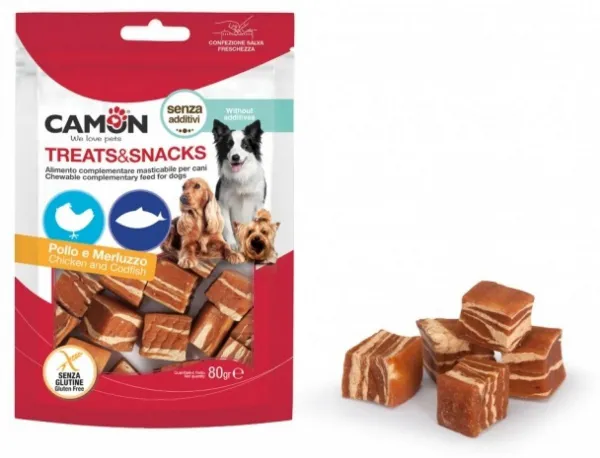Camon Treats Snacks - Лакомство за кучета меки хапки в формата на кубчета с пилешко месо и риба, 2 броя х 80 гр.