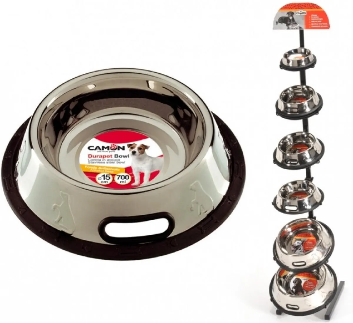 Camon Stainless steel bowl - неплъзгаща метална купичка с кант за вода и храна за кучета 300 мл. 2