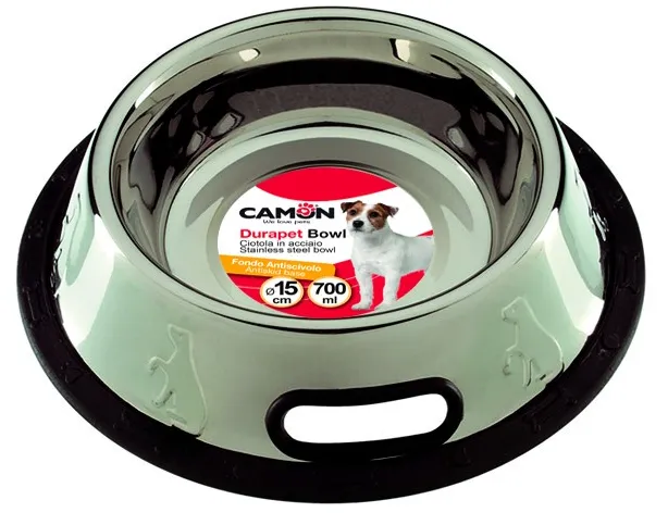 Camon Stainless steel bowl - неплъзгаща метална купичка с кант за вода и храна за кучета 900 мл. 1
