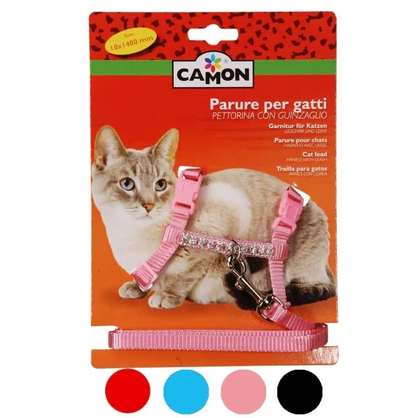 Camon Cat set - котешки нагръдник с камъчета 10 мм. / 1400 мм. / червен, черен, син, розов