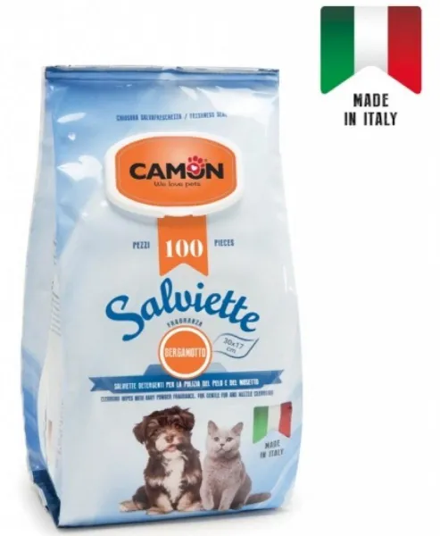 Camon Salviette with Bergamot fragrance - почистващи кърпички с аромат на бергамот за кучета и котки 100 броя