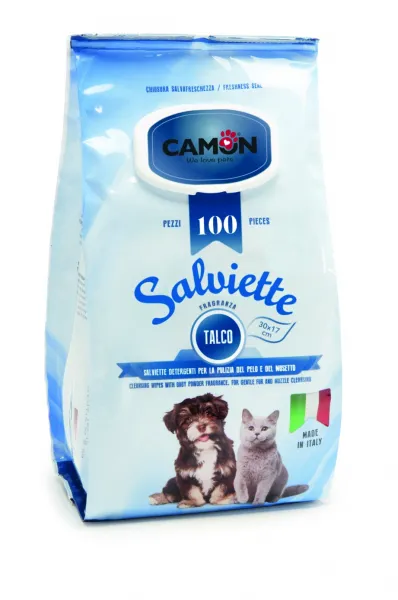 Camon Cleansing wipes with Baby Powder fragrance - мокри кърпички за кучета и котки за почистване с талк, 100 броя