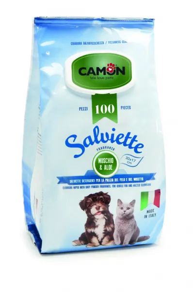 Camon Aloe Vera cleansing wipes - Мокри кърпички за кучета и котки с алое вера за бързо почистване на козина, 100бр.