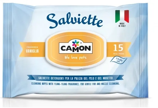 Camon Cleaning Vanilla - мокри кърпички с аромат на ванилия за почистване на козина и лапи за кучета и котки 15 броя