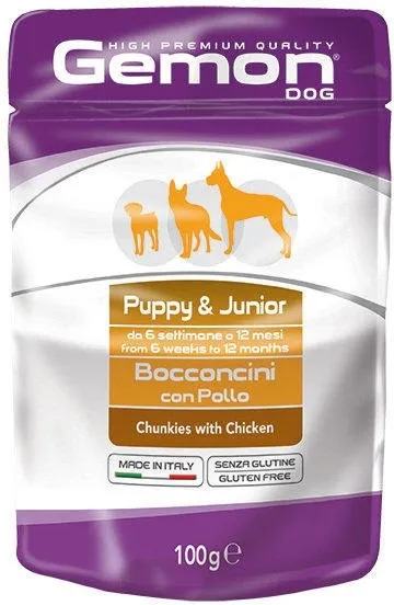 Gemon Chicken Puppy & Junior - Пауч с пилешко месо, за малки кученца 1-12 месеца - опаковка, 8 броя х 100 гр.