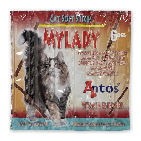 Antos My Lady - Котешко лакомство, без зърно ,пръчици с агне и пуйка, 3 пакета х 6 броя пръчици (3 пакета х 30 гр.)