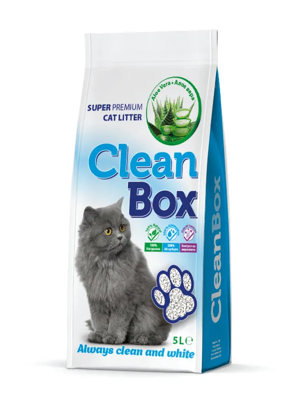 CLEAN BOX Super Premium-Фин бял бентонит с мирис алое вера, постелка за котешка тоалетна 5л.