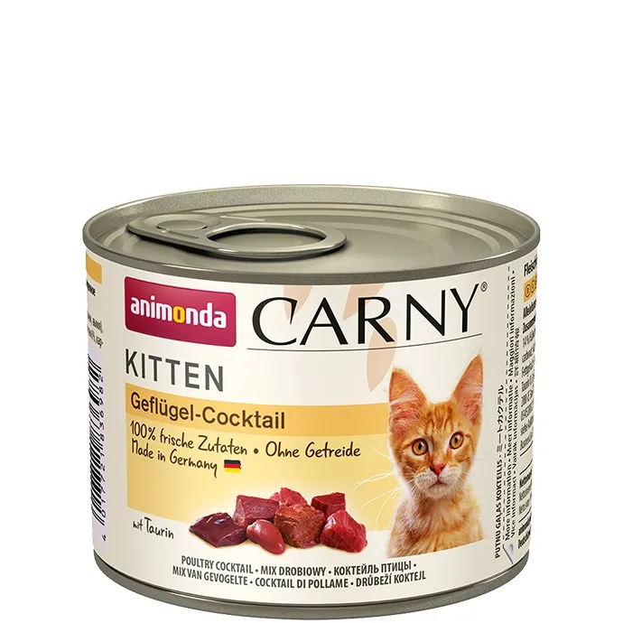 Animonda Carny Kitten -Консерва за котки птиче коктейл -говеждо 39% пилешки дроб 14%, пуешки сърца 6%, патешки сърца 6%, 12 броя х 200 гр.