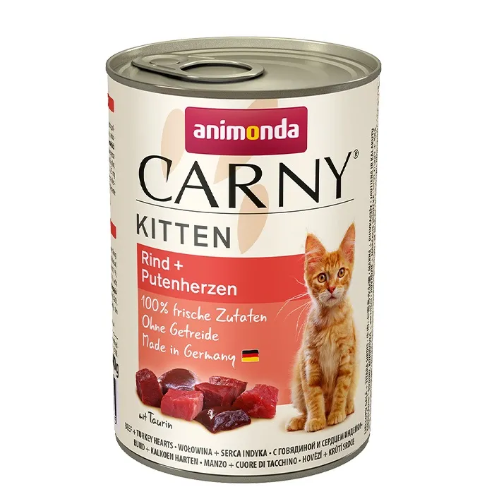 Animonda - Carny Kitten Beef Turkey Hearts -Консерва за котки с телешко месо и пуешко за котки от 1 до 12 месеца,12 броя х 400 гр.