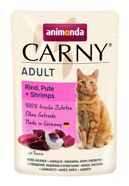 Animonda Carny Adult - Пауч за котки с говеждо пуйка и скариди, 4 броя х 85 гр.