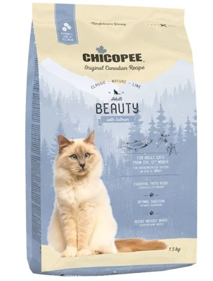 Chicopee Classic Nature Line Adult Beauty-Храна за котки за красива козина с пилешко и сьомга 1.5 кг. 1