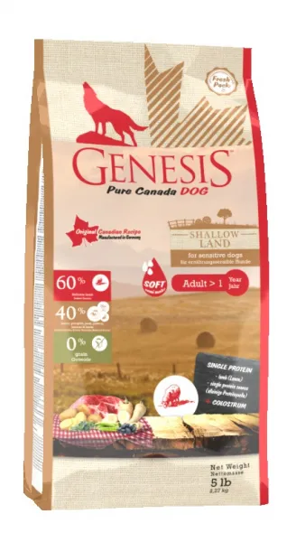 Genesis Pure Canada Shallow Land -Суха храна за кучета- един източник на протеин, 60% агне, 40% картофи, тиква, боровинки, билки 907 гр.