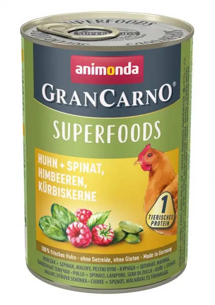 Animonda Gran Carno Superfoods Chicken -Консервирана храна за кучета с пилешко месо, спанак, малини, тиквено семе, 2 броя х 400 гр.