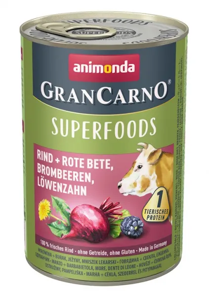 Animonda Gran Carno Superfoods Beef -Консервирана храна за кучета с говеждо, червено цвекло, капини, 2 броя х 400 гр.