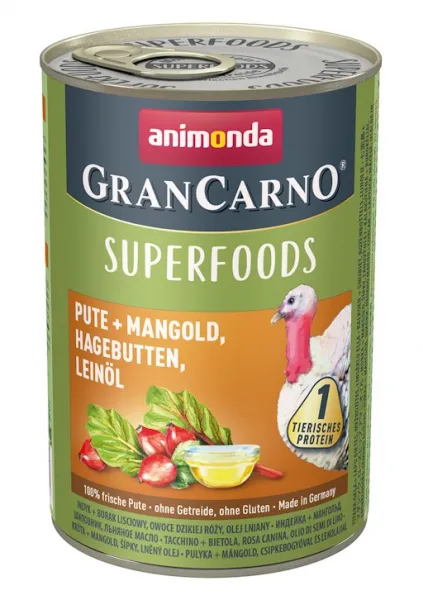 Animonda Gran Carno Superfoods Turkey -Консервирана храна за кучета с пуйка, манго, шипки, ленено масло, 2 броя х 400 гр.
