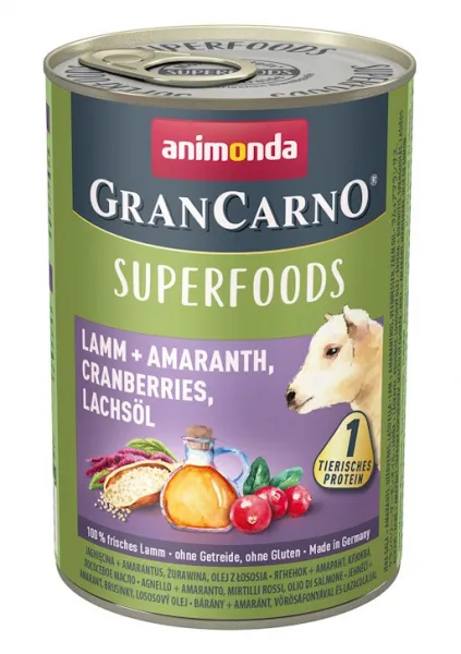Animonda Gran Carno Superfoods Lamb -Консервирана храна за кучета с агнешко месо, амарант, червени боровинки, масло от сьомга, 2 броя х 400 гр.