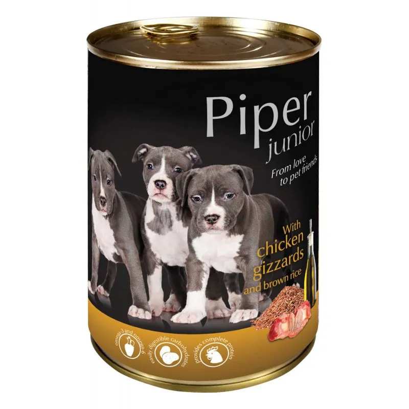 Piper Junior - Премиум консервирана храна за малки кученца,пилешки воденички и кафяв ориз, 4 броя х 400 гр.