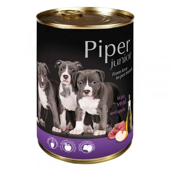 Piper Junior - Премиум консервирана храна за малки кученца,с телешки сърца и моркови, с масло от ленено семе, 4 броя х 400 гр.