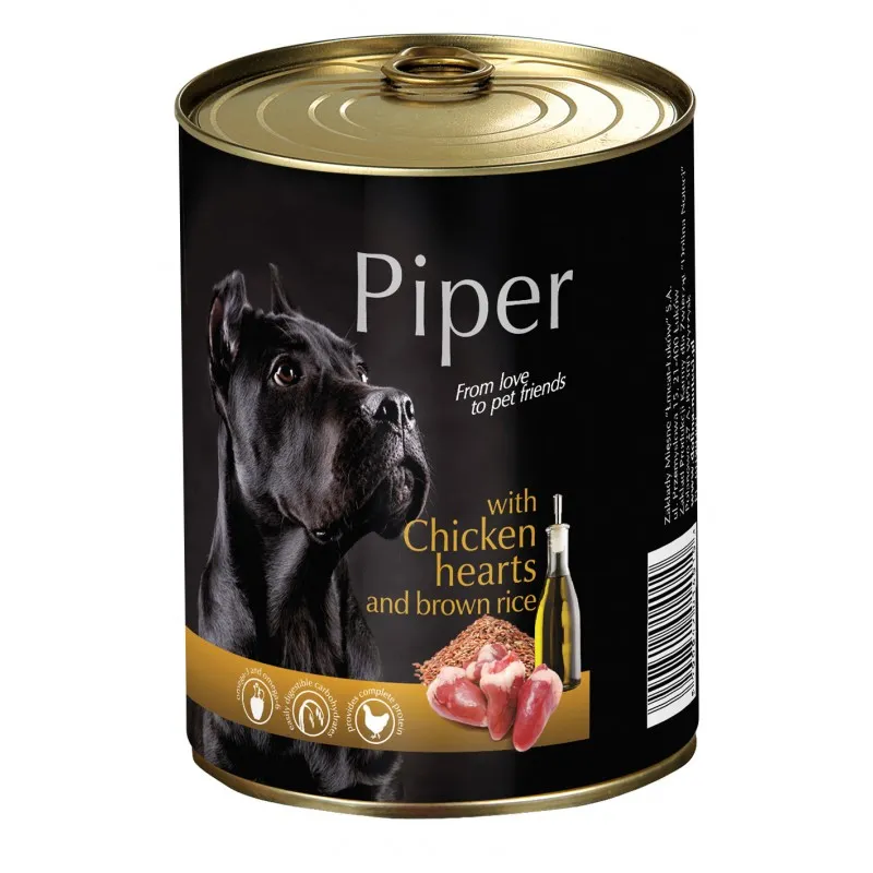 Piper with chicken hearts and rice -Консервирана храна за пораснали кучета с пилешки сърца и кафяв ориз, 4 броя х 400 гр.