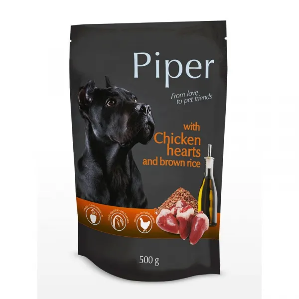 Piper with chicken hearts and rice - Пауч за пораснали кучета с пилешки сърца и кафяв ориз, 3 броя х 500 гр.