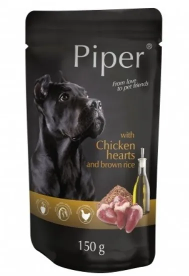 Piper Adult Chicken -Пауч за пораснали кучета с пилешки сърца и кафяв ориз , с масло от ленено семе, 5 броя х 150 гр.