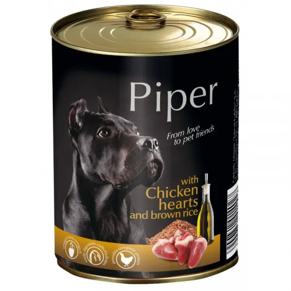 Piper with chicken hearts -Консервирана храна за пораснали кучета с пилешки сърца,кафяв ориз и ленено семе, 2 броя х 800 гр.