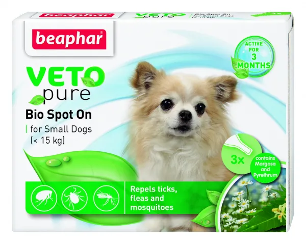 Beaphar Veto Pure Bio Spot On Dog - Репелентни капки против бълхи,кърлежи и насекоми за кучета от дребни и средни породи 3 броя