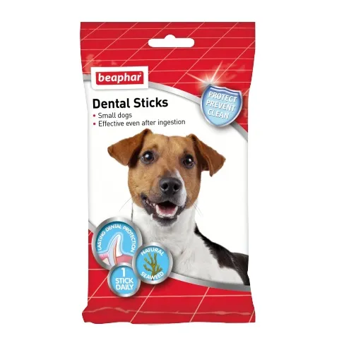Beaphar Dental Sticks Small -Лакомство за кучета, дентални пръчки за свеж дъх и чисти зъби със спирулина и зелен чай , 2 пакета х 7 броя