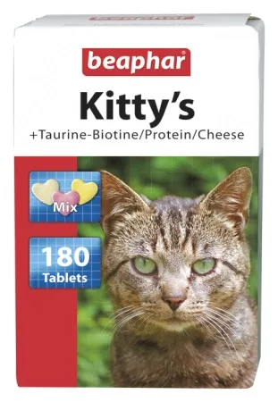 Beaphar Kittys Taurine Biotine Protein Cheese - Витаминно лакомство за котки с таурин, биотин, протеини и сирене, 2 броя х 180 таблетки