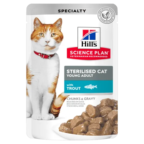 Hill's Science Plan Sterilised Cat Young Adult с пъстърва – малки късчета в сос Грейви за млади кастрирани котки от 6 мес.  до 6 год. 12 пауча х 0.085 гр 1