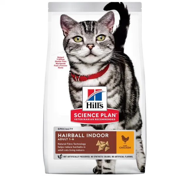 Hill's Science Plan Adult Hairball Indoor Cat с пилешко - пълноценна храна за котки, живеещи на закрито, за намаляване на космените топки, 1-6 год, 1.5 кг. 1