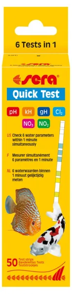 Sera - Бърз тест за езеро и аквариум, за бързо определяне (за 60 секунди) на 6 параметъра на водата - pH, kH, gH, NO2, NO3 и хлор 50 лентички