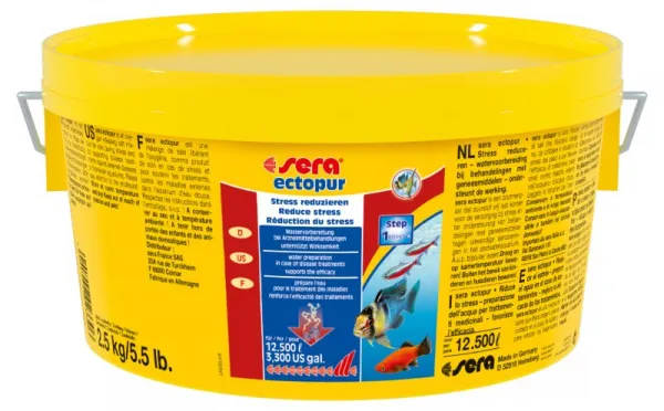 Sera Ectopur-Подпомага лечението,осигурява грижа за водата по време на третиране срещу ектопаразити и гъбички в сладководни аквариуми и езера 2.5 кг.