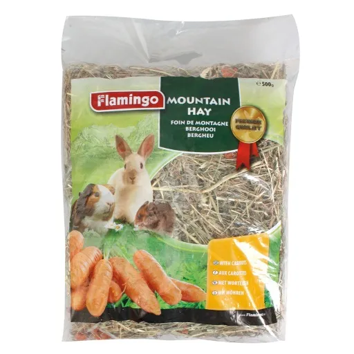 Karlie Flamingo -Планинско сено с моркови,хранителна добавка за зайчета, морски свинчета и други малки животни - полезно и вкусно сено с една специална добавка.500 гр.