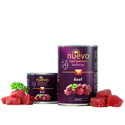 Nuevo Cat Beef - Консервирана храна с чисто говеждо месо за израснали котки, 5 броя х 200 гр.